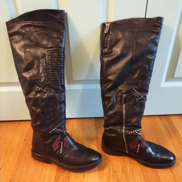 A.S.98 Carlyle Tall boots 38 7.5 Burgundy Black Leather Biker - Picture 5 of 13